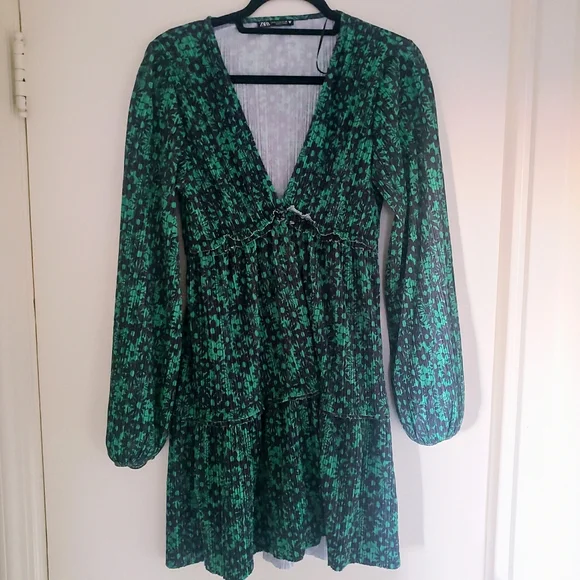 Zara Green Black Floral Mini Dress, M - Picture 2 of 8